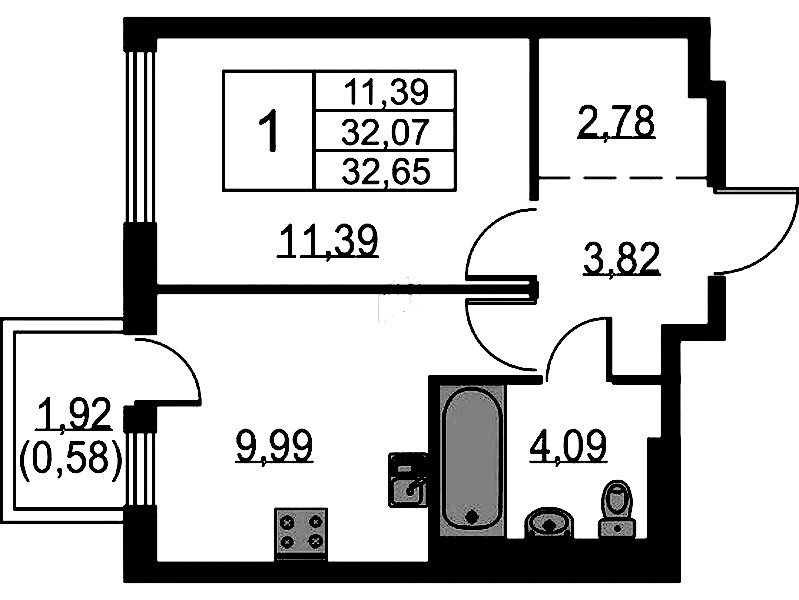 1-комнатная квартира 32.65 м², 8/12 эт., ЖК «Невская Долина»